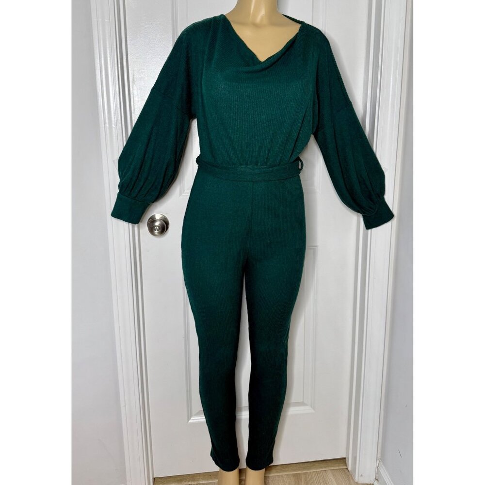 Fashion Nova Womens Green Ribbed Knit Long Sleeve Jumpsuit With Belted Waist